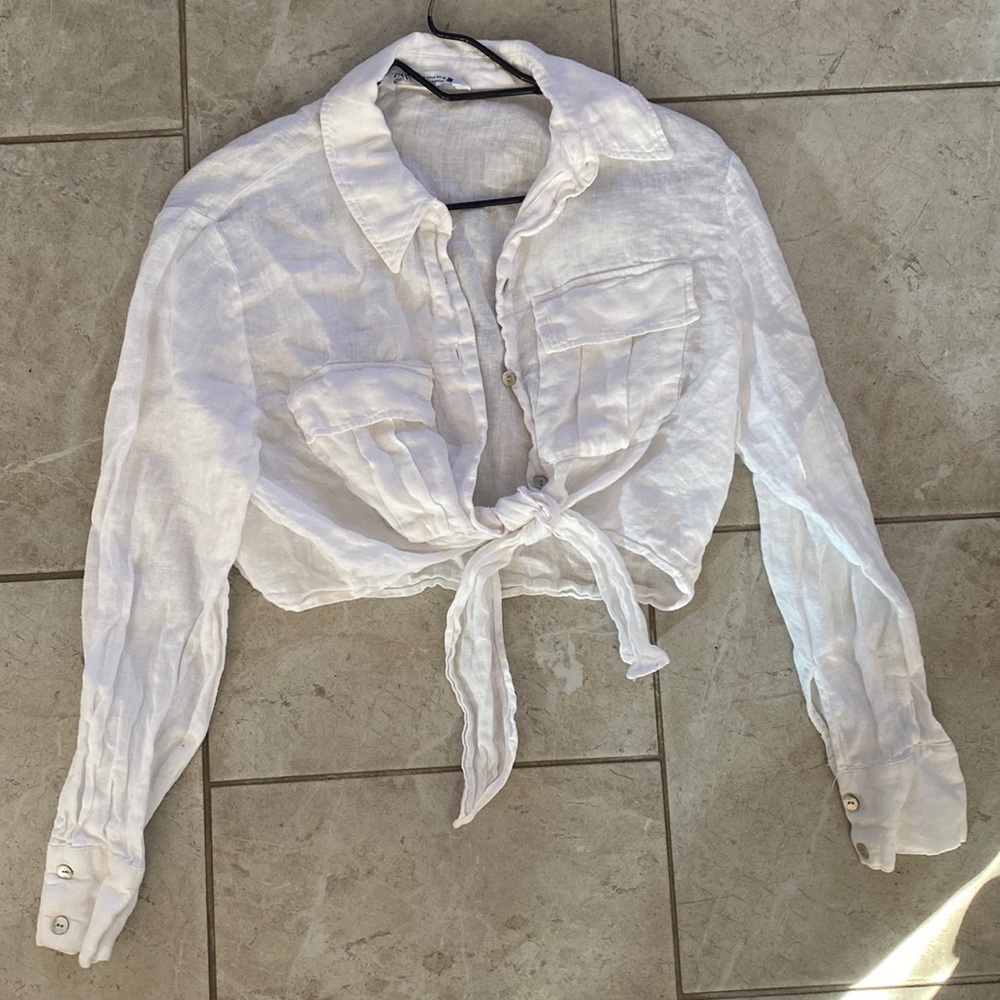 Zara White Linen Crop Button Tie Front Blouse